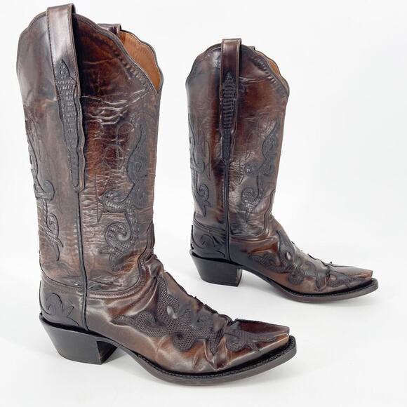 Lucchese Classics Brown Exotic Lizard Leather Overlay Western Cowgirl Boot sz 7 - Picture 1 of 12
